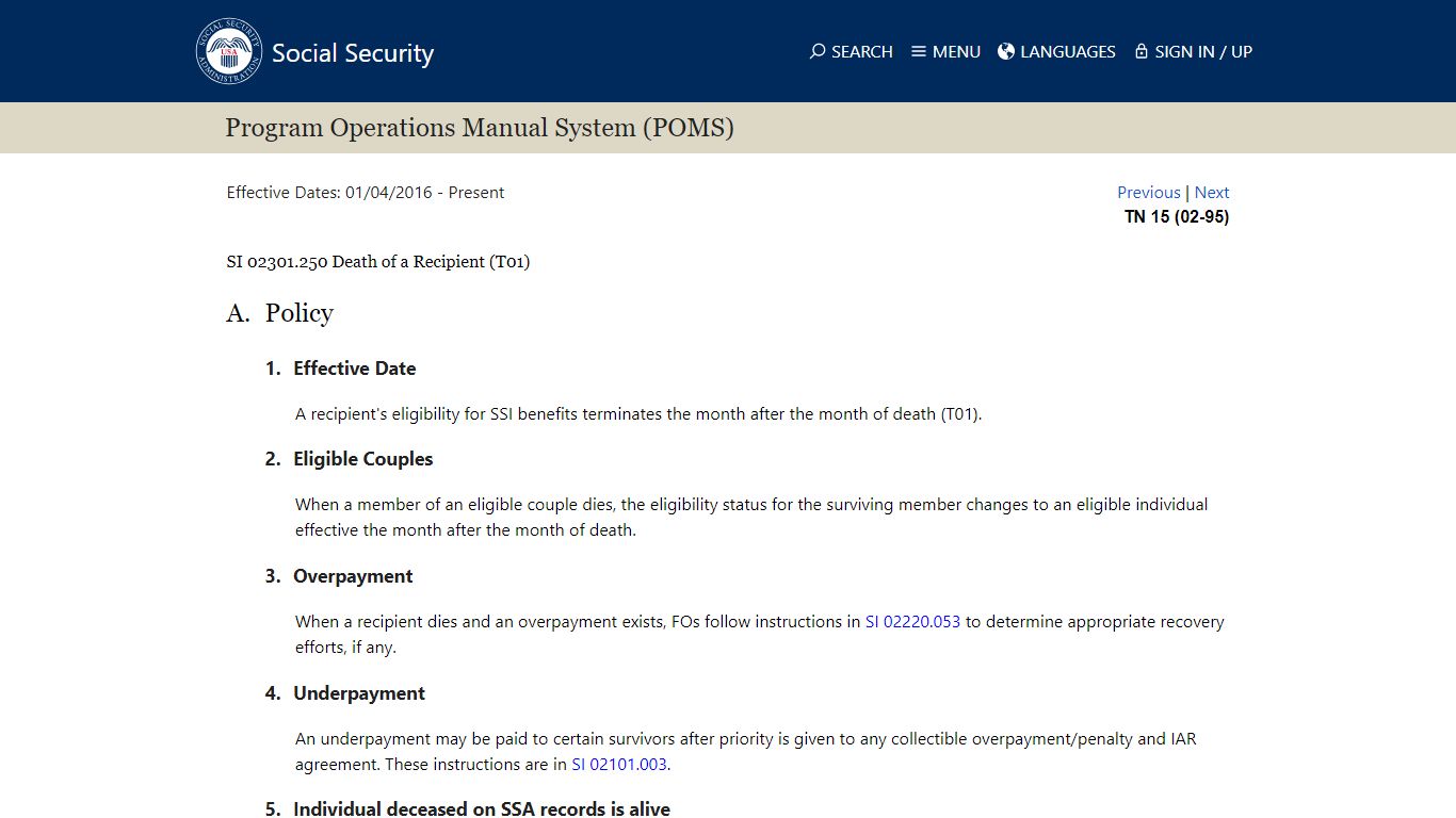 SI 02301.250 Death of a Recipient (T01) - Social Security Administration